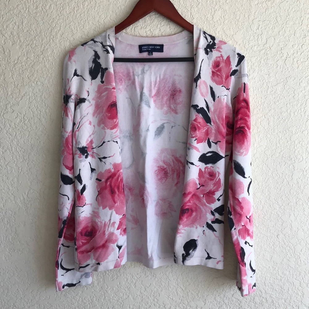 Jones New York Floral V-Neck Long Sleeve Cardigan